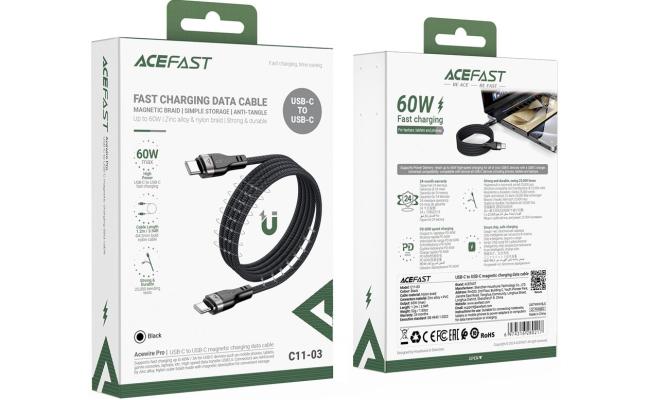 ACEFAST C11-03 1.2m USB-C to USB-C 60W Fast Charging Cable Magnetic Braided Data Cord - Black